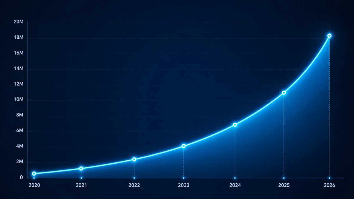 17.c一起草用户增长数据图表,展示2020-2026年注册用户从50万增长至1800万的趋势